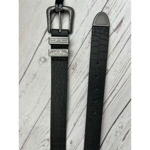 True Religion Mens Black Crocodile Embossed Western Belt Silver Engraved Buckle
